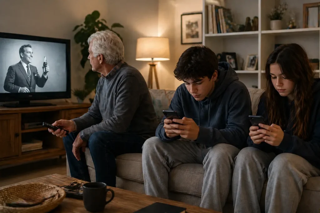 Grandpa enjoying traditional marketing while children consumed in modern marketing
