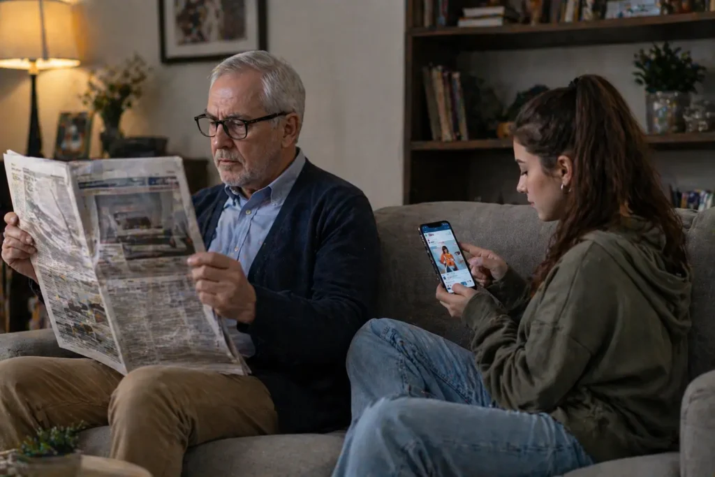 Grandpa looking at a Ad on a newspaper
